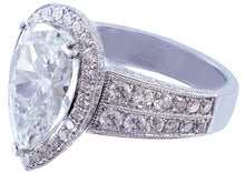 Load image into Gallery viewer, 14k solid white gold pear shape forever one moissanite and natural diamond engagement ring art deco halo prong set, propose, promise 4.40ctw
