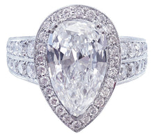Load image into Gallery viewer, 14k solid white gold pear shape forever one moissanite and natural diamond engagement ring art deco halo prong set, propose, promise 4.40ctw