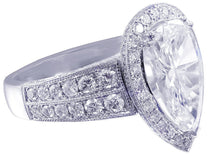 Load image into Gallery viewer, 14k solid white gold pear shape forever one moissanite and natural diamond engagement ring art deco halo prong set, propose, promise 4.40ctw