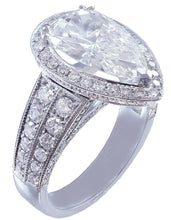 Load image into Gallery viewer, 14k solid white gold pear shape forever one moissanite and natural diamond engagement ring art deco halo prong set, propose, promise 4.40ctw