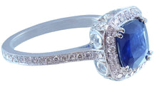 Load image into Gallery viewer, 14k solid white gold natural cushion cut sapphire and natural diamond deco antique style ring 3.00ctw