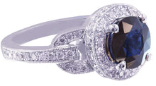 Load image into Gallery viewer, 14k solid white gold round cut natural sapphire and natural diamond art deco engagement ring halo 2.40ctw