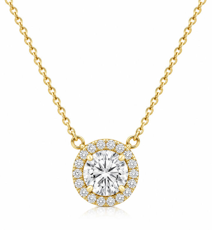Round Cut IGI Certified Diamond Pendant And Chain Solitaire Minimalist Halo Style 14k Solid Yellow Gold Necklace And Chain Wedding Gift 1.70