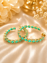 Load image into Gallery viewer, Pear Shape Green Emerald Hoop Earrings Prong set Inside Out Style 14k Solid Yellow Solid Gold Huge 8.00ctw Bridal Wedding Gift For Her

