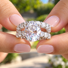 Load image into Gallery viewer, Oval Shape And Round Cut Sides Eternity Style IGI Certified Diamond Engagement Ring And Matching Band Wedding Bridal Set 14k White Gold 9.50
