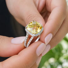 Load image into Gallery viewer, Cushion Cut Yellow Citrine And Natural Round Cut Sides Diamond Engagement Ring 14k Solid White Gold Bridal Ring Halo Style Wedding Ring 5.80
