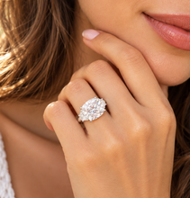 Load image into Gallery viewer, Cushion Cut Center And Half Moon Shape Sides Diamond Engagement Ring IGI Certified 14k Solid White Gold Three Stone Style Ring 5.80ctw G-VS2
