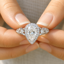Load image into Gallery viewer, Pear Shape And Round Cut Sides Diamonds Engagement Ring IGI Certified 14k White Gold Bridal Ring Halo Wedding Ring antique Style 2.70 F-VS2
