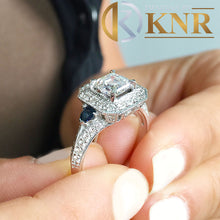 Load image into Gallery viewer, GIA Certified Asscher Round And Trillion Cut Natural Diamonds and Sapphire Engagement Ring Halo Wedding Ring 14k Solid White Gold 1.80ctw

