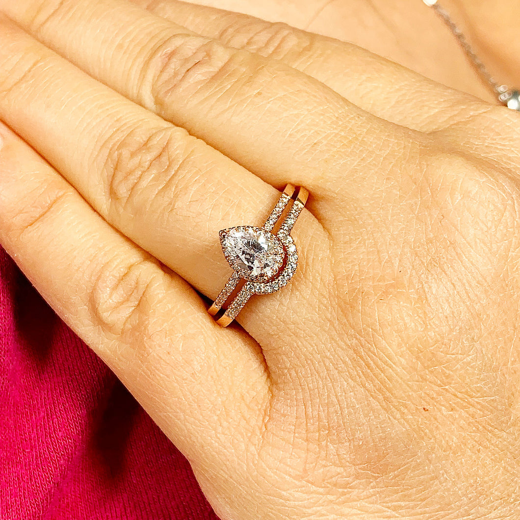 GIA Certified Pear Shape And Round Cut Sides Natural Diamond Engagement Ring And Matching Band Halo Wedding Set 14k Solid Rose Gold 1.30ctw