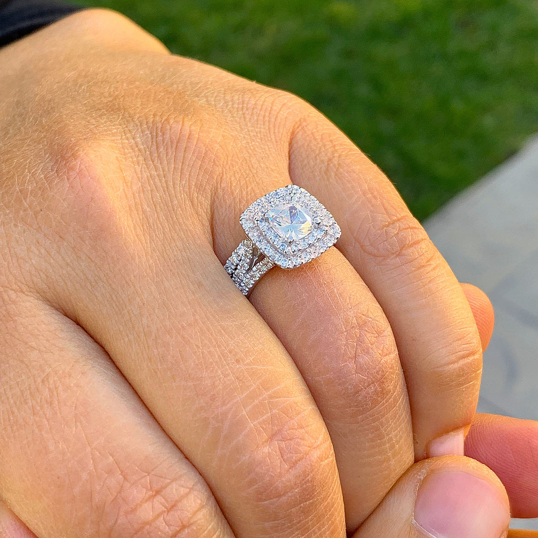 IGI Certified Cushion And Round Cut Diamond Engagement Ring And Band Bridal Wedding Double Halo 14k Solid White Gold 2.50ct F-VS2