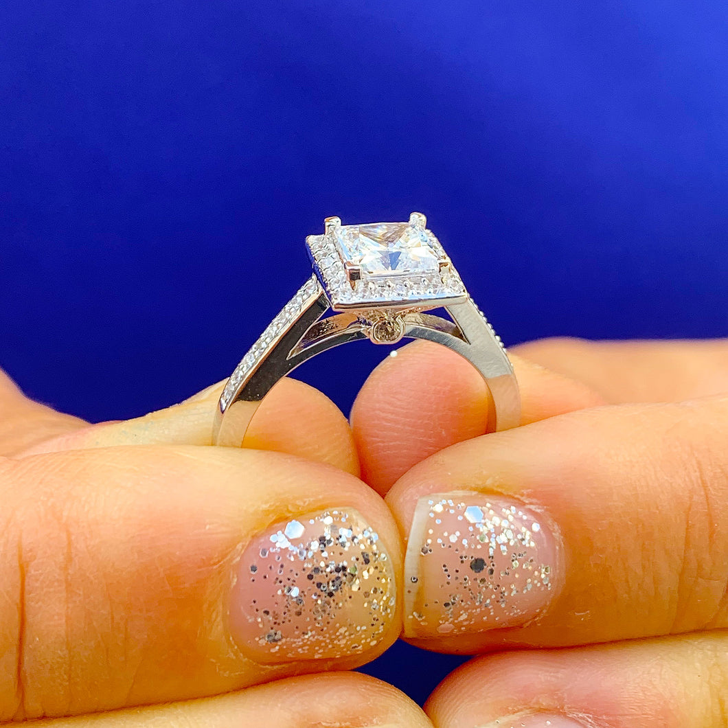 GIA Certified Natural Princess Cut And Round Cut Sides Diamond Engagement Ring Halo Wedding Ring 14k Solid White Gold Bridal Ring 1.80ctw