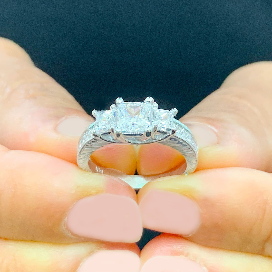 GIA Certified Natural Princess And Round Cut Diamond Engagement Ring Antique Style 14k Solid White Gold Wedding Ring Three Stone Style 1.50ctw