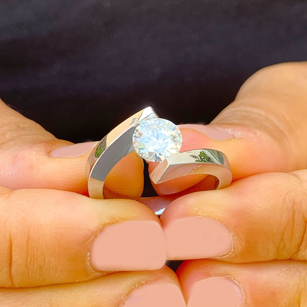 GIA Certified Natural Round Cut Engagement Ring Tension Set Solitaire 14k Solid And Heavy White Gold Wedding Ring Bridal Women's Ring 1.00ct