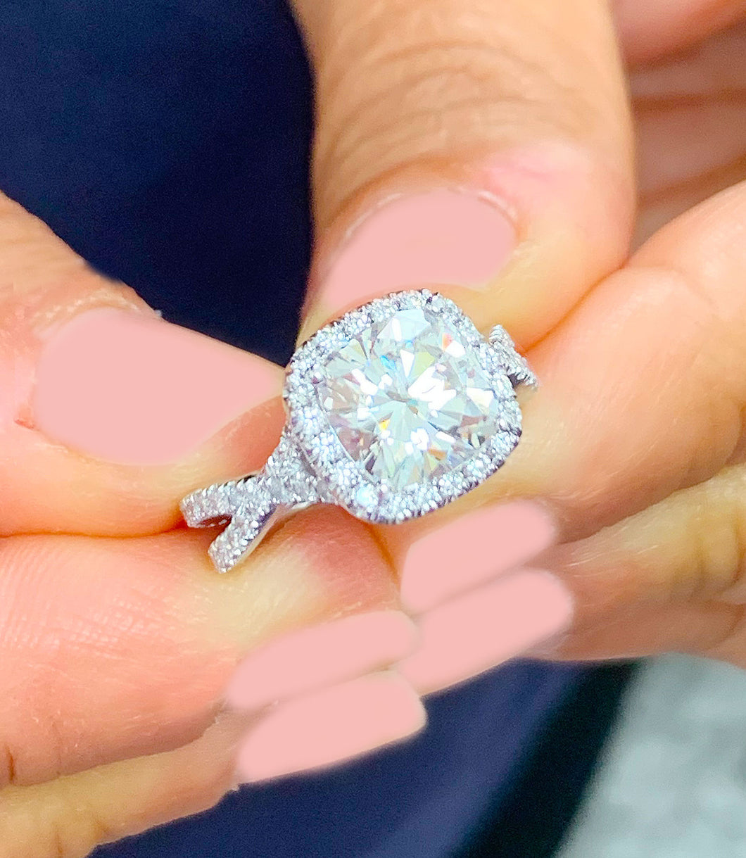 GIA Certified Natural Cushion Cut And Round Cut Sides Diamond Engagement Ring 14k Solid White Gold Halo Twisted Shank Wedding Ring 2.35ctw