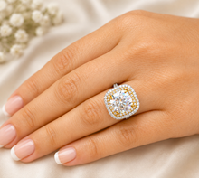 Load image into Gallery viewer, Cushion Cut Moissanite And Round Cut Engagement Ring 14k Solid White And Yellow Gold Bridal Wedding Ring Double Halo Style Split Shank 6.50
