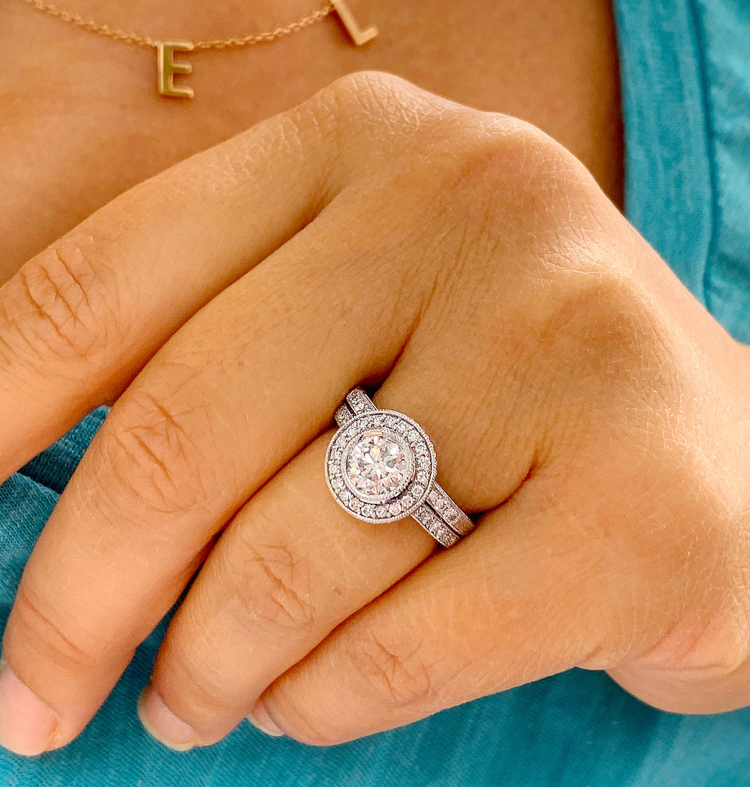 GIA Certified Round Cut Natural Diamond Engagement Ring And Matching Band Bezel Set Antique Filigree Style 14k Solid White Gold 1.70ctw