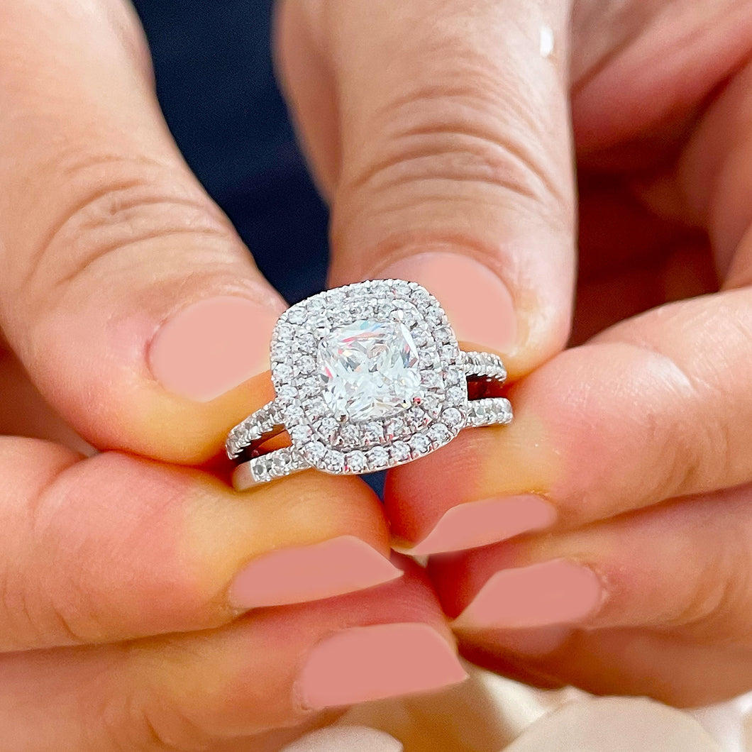 GIA Certified Natural Cushion Cut Diamond Egagement Ring And Band Double Halo Bridal Wedding Set 14k Solid White Gold Matching Band 1.90ctw