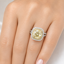 Load image into Gallery viewer, Round Cut Simulated Fancy Yellow And Cvd Round Cut Sides Diamond Engagement Ring 14k Solid White And Yellow Gold Bridal Wedding Halo 4.00ctw
