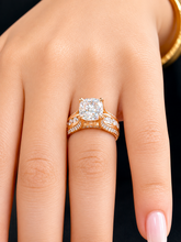 Load image into Gallery viewer, Cushion Cut Moissanite And Round Cut Sides Engagement Ring Set In 14k Solid Yellow Gold Bridal Ring Hidden Halo Style Wedding Ring 4.50ctw
