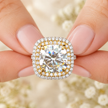 Load image into Gallery viewer, Cushion Cut Moissanite And Round Cut Engagement Ring 14k Solid White And Yellow Gold Bridal Wedding Ring Double Halo Style Split Shank 6.50
