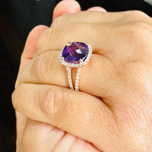 Load image into Gallery viewer, Cushion Cut Natural Amethyst And Round Cut Natural Diamonds Ring In 14k Solid Yellow Gold Anniversary Engagement Halo Split Shank Style 5.70
