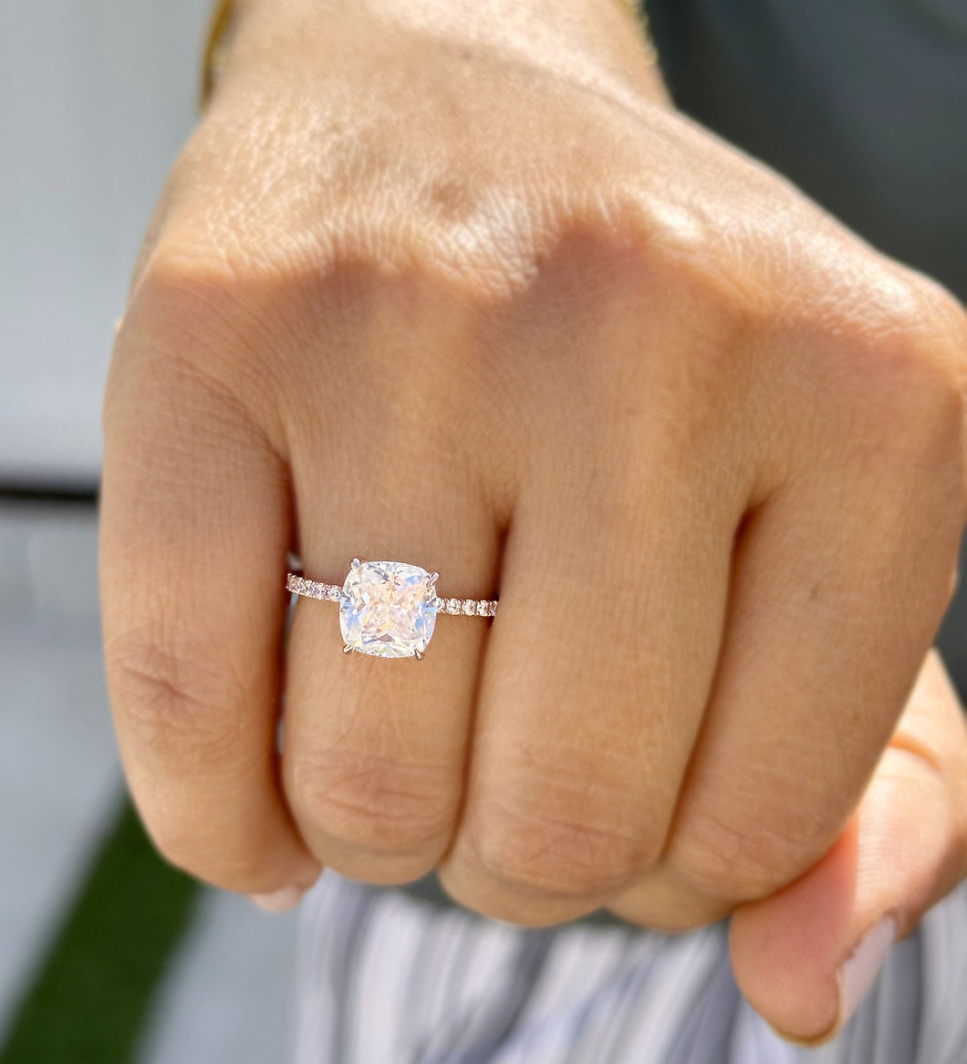 Cushion Cut Moissanite Ring And Round Cut Engagement Ring 14K Solid Rose Gold Four Prong set Half Eternity Minimalist Style Bridal Ring 2.70ctw