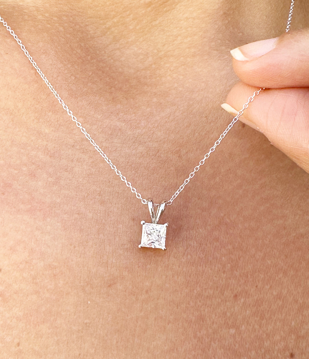 Solitaire Necklace And Chain IGI Certified Delicate 14k Solid White Gold 1.00ct Princess Cut Diamond Prong Set Mininmalist Dainty Pendant