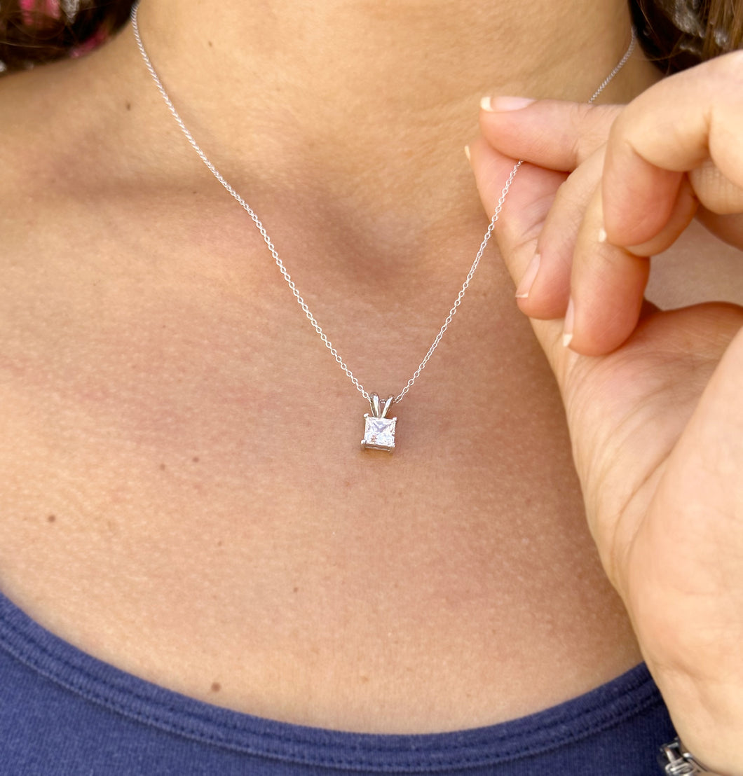 Solitaire Necklace And Chain Necklace Delicate 14k Solid White Gold 1.00ct Princess Cut Moissanite Prong Set Mininmalist Dainty Pendant