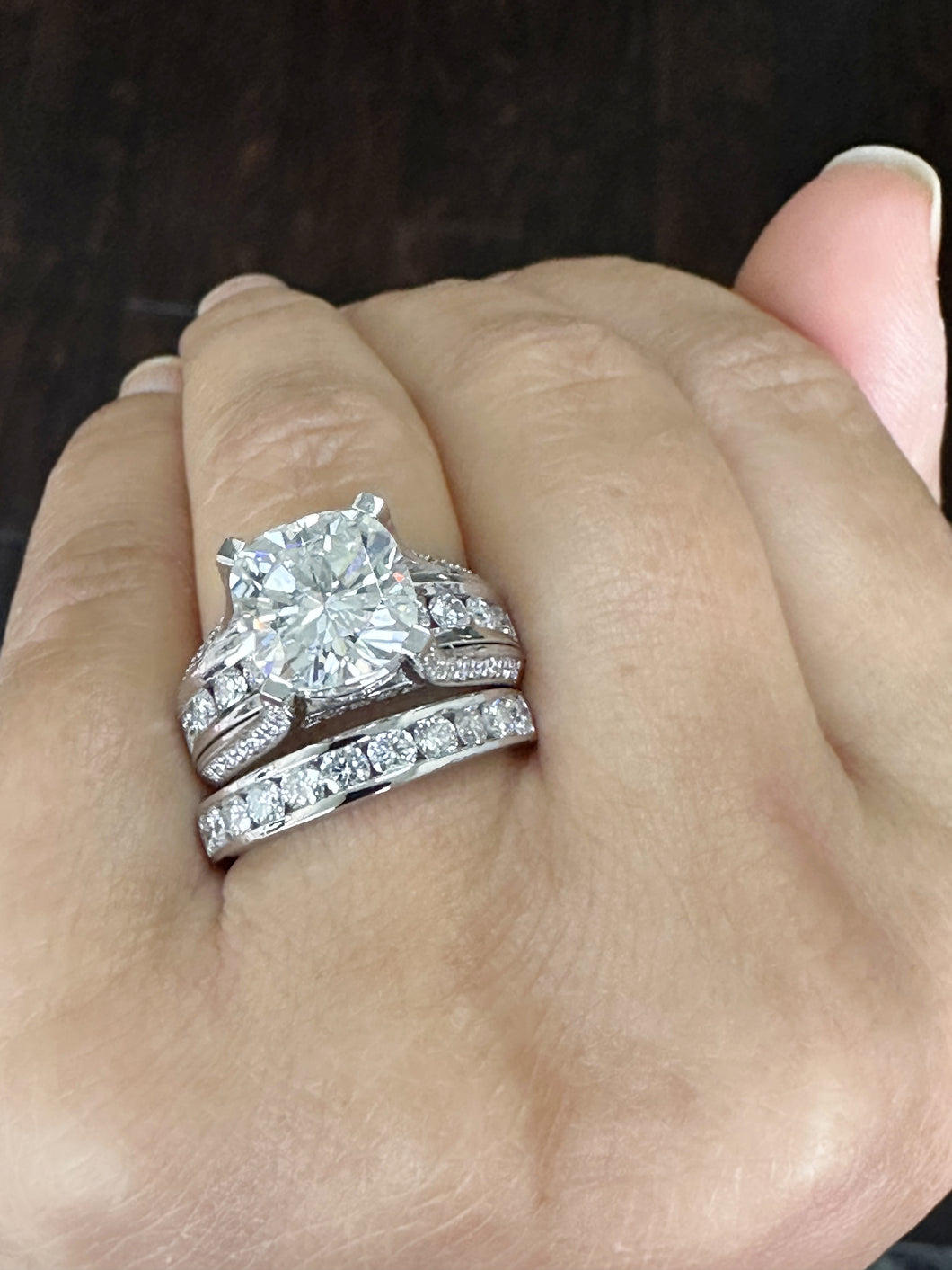 Cushion Cut Moissanite And Round Cut Sides Engagement Ring And Matching Band Set In 14k Solid Heavy And Solid White Gold Hidden Halo 7.50ctw