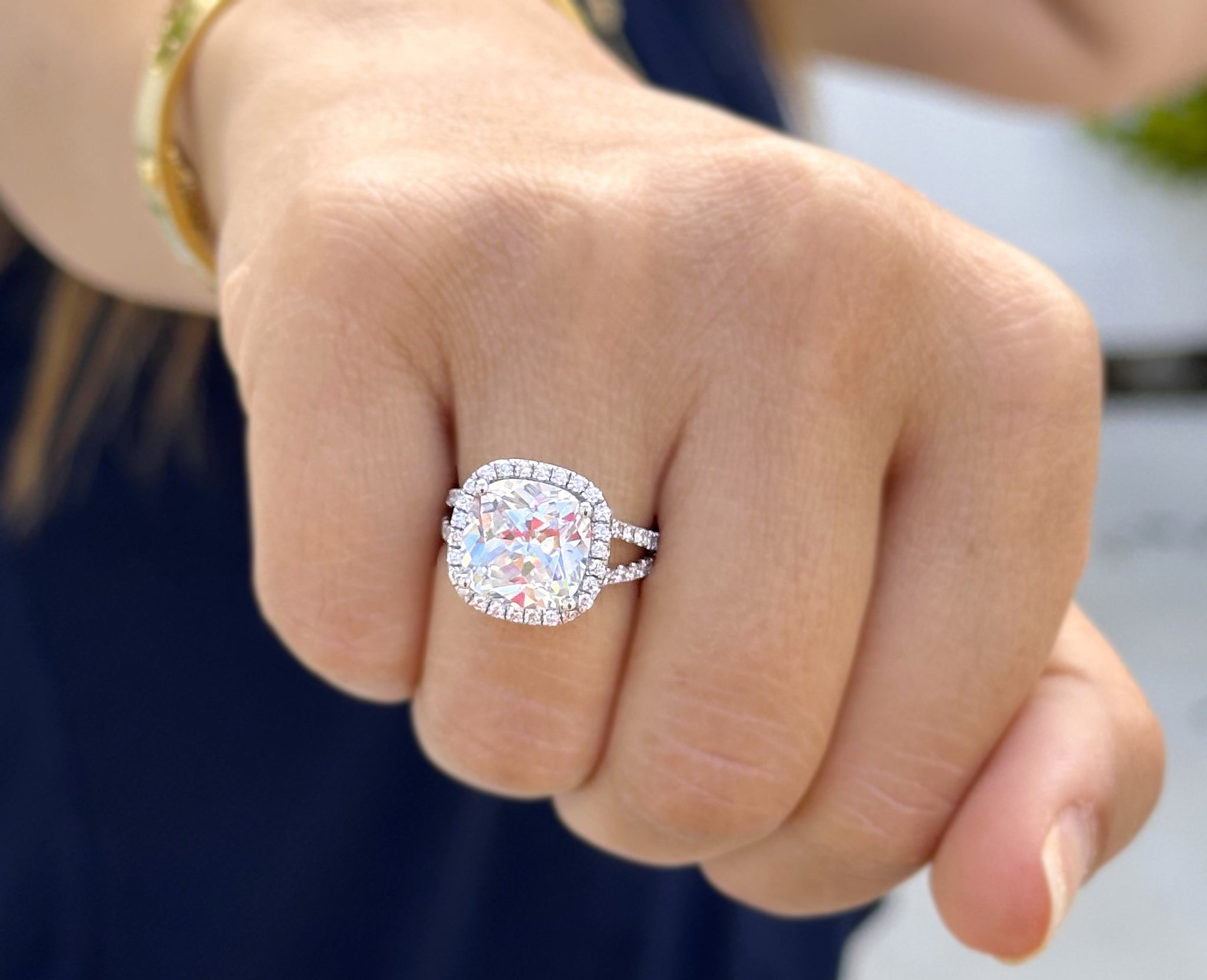 Moissanite Jewelry Cushion Halo Split Shank Engagement Ring