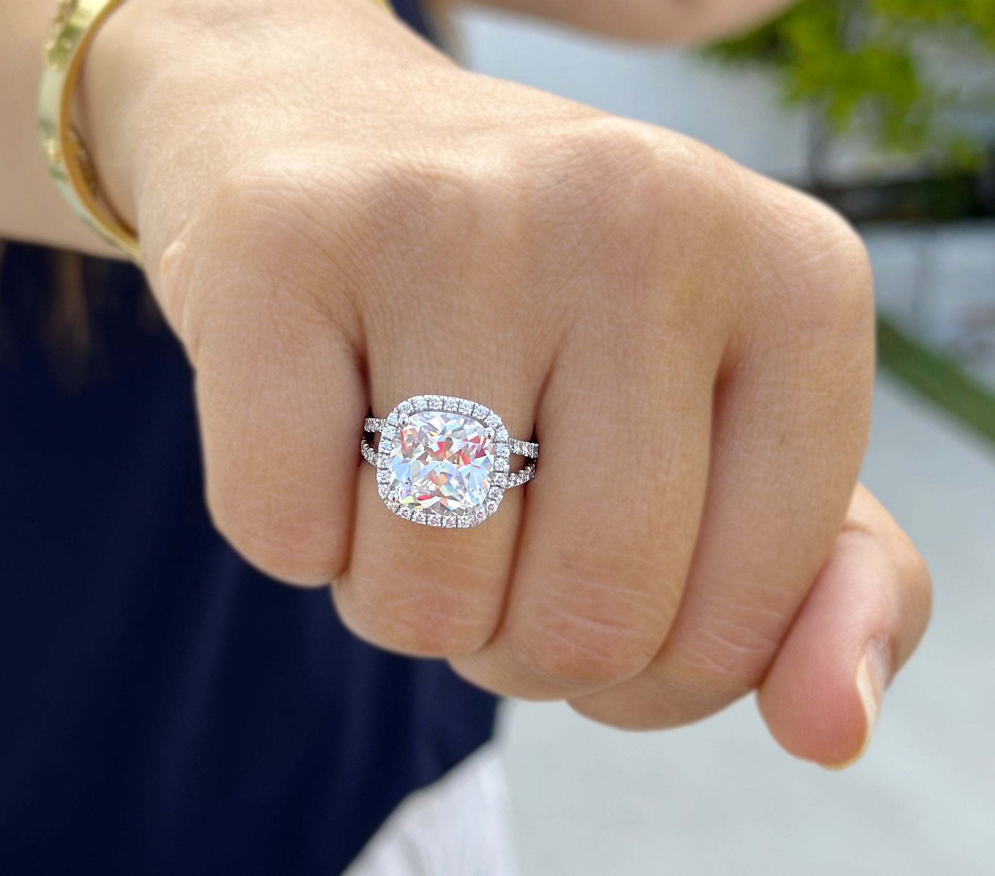 Cushion Cut Moissanite And Round Cut Sides Engagement Ring Set In