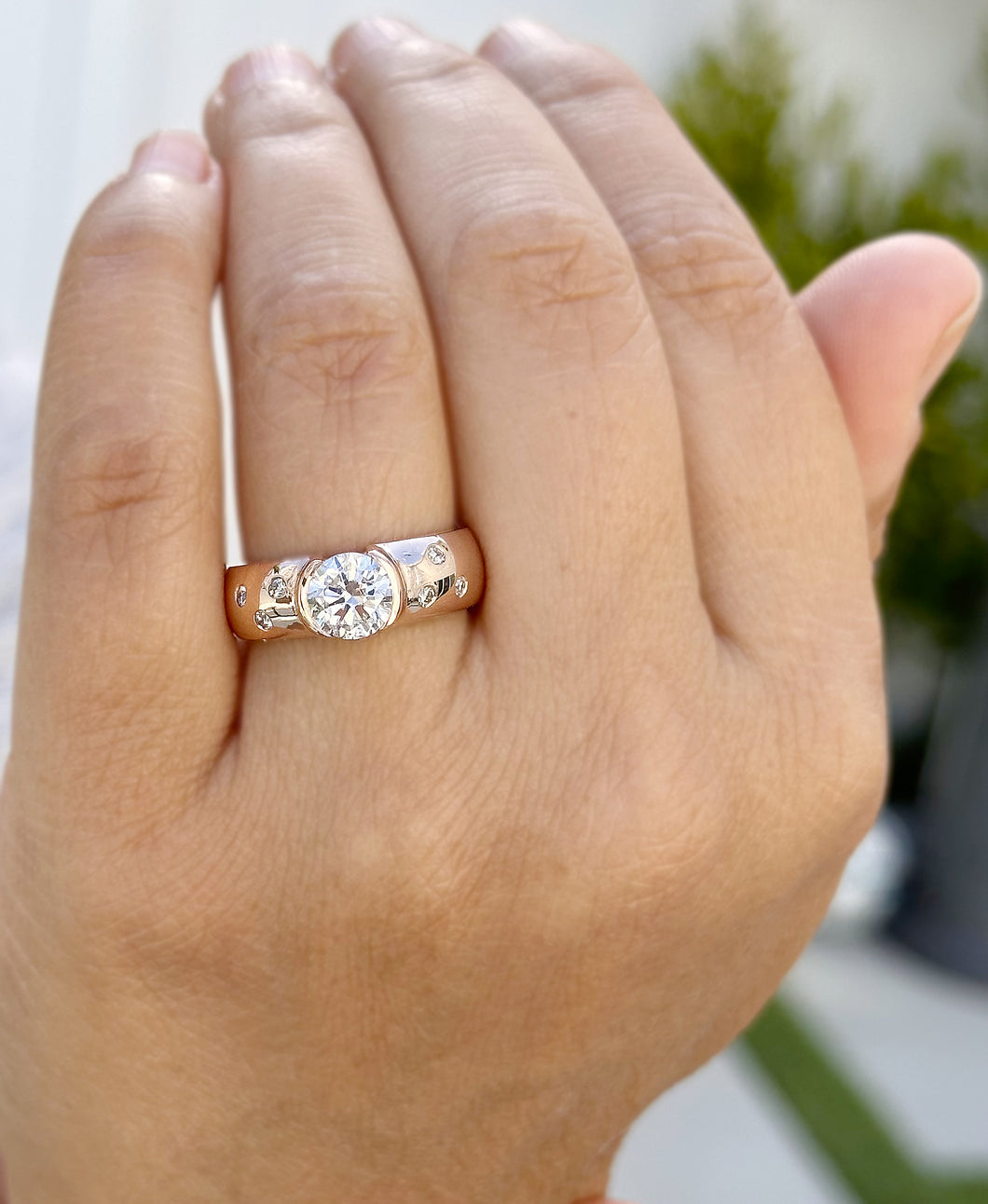 Round Cut Moissanite And Natural Diamonds Semi Bezel Set Engagement Ring Set In 14K Solid And Heavy Rose Gold Wedding Bridal Ring 1.06ctw