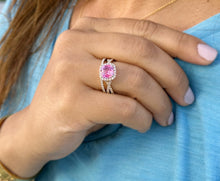 Load image into Gallery viewer, Cushion Cut Lab Pink Sapphire And Round Cut Sides Lab Diamonds Engagement Ring And Matching Band 14K Solid Yellow Gold Halo Wedding Set 3.00
