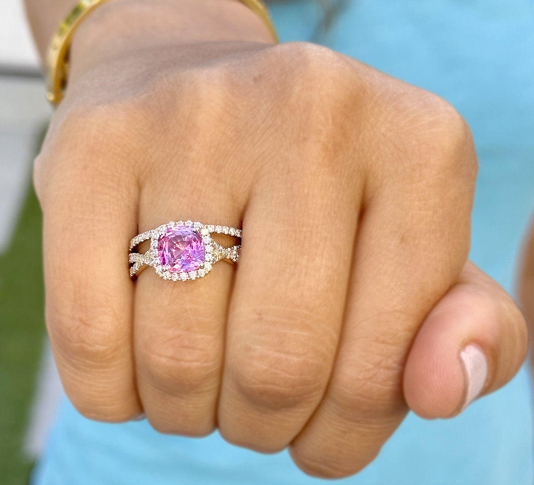 Cushion Cut Lab Pink Sapphire And Round Cut Sides Lab Diamonds Engagement Ring And Matching Band 14K Solid Yellow Gold Halo Wedding Set 3.00