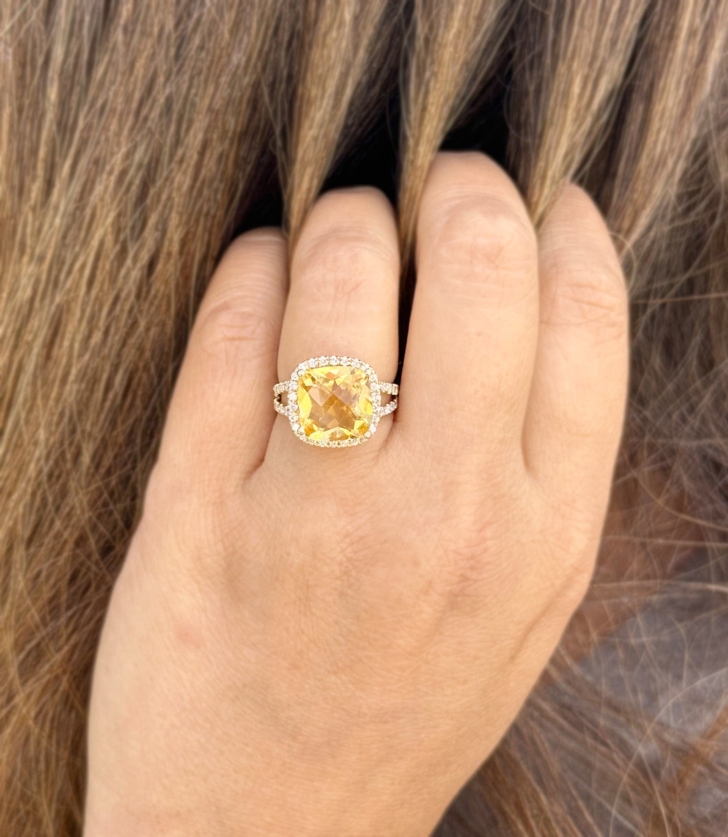 Cushion Cut Yellow Citrine and Round Cut Natural Diamond Sudes Ring Set In 14K Solid Yellow Gold Split Shank halo Style Ring 5.70ctw