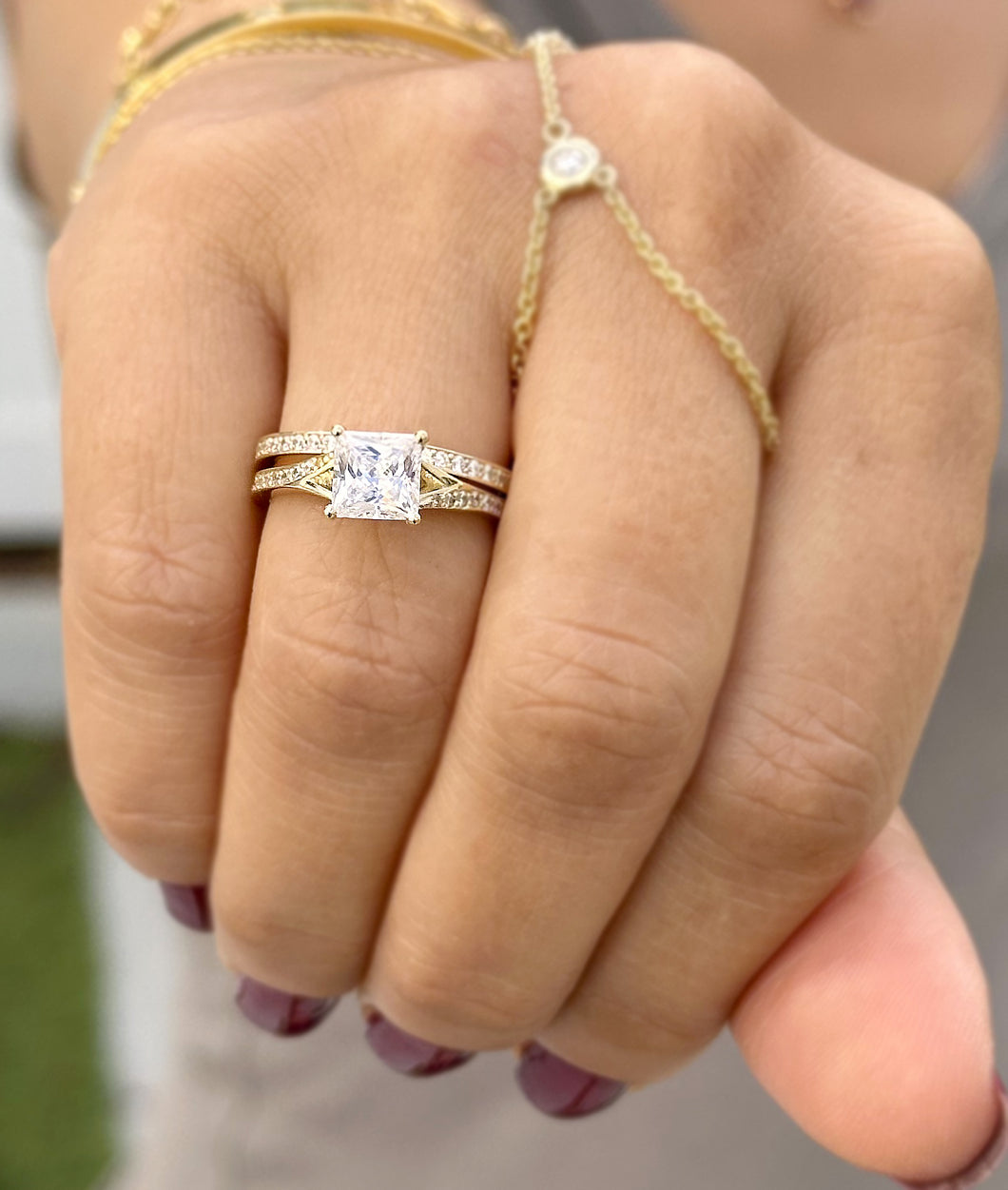 Princess Cut Moissanite and Round Cut Engagement Ring And Matching Band In 14k Solid Yellow Gold Wedding Ring And Band Bridal Set 2.10ctw