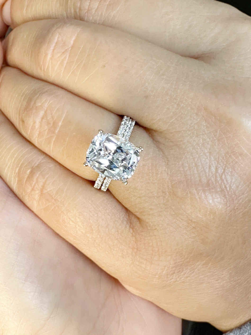 Cushion Cut Moissanite And Round Cut Natural Diamonds Sides In 14K Solid Yellow Gold Engagement Ring And Matching Band Four Prong set 5.20ct