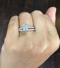 Load image into Gallery viewer, Emerald Cut Moissanite And Round Cut Sides Engagement Ring And Matching Band Set In 14k White Gold Wedding Set Bridal propose Set 2.55ctw
