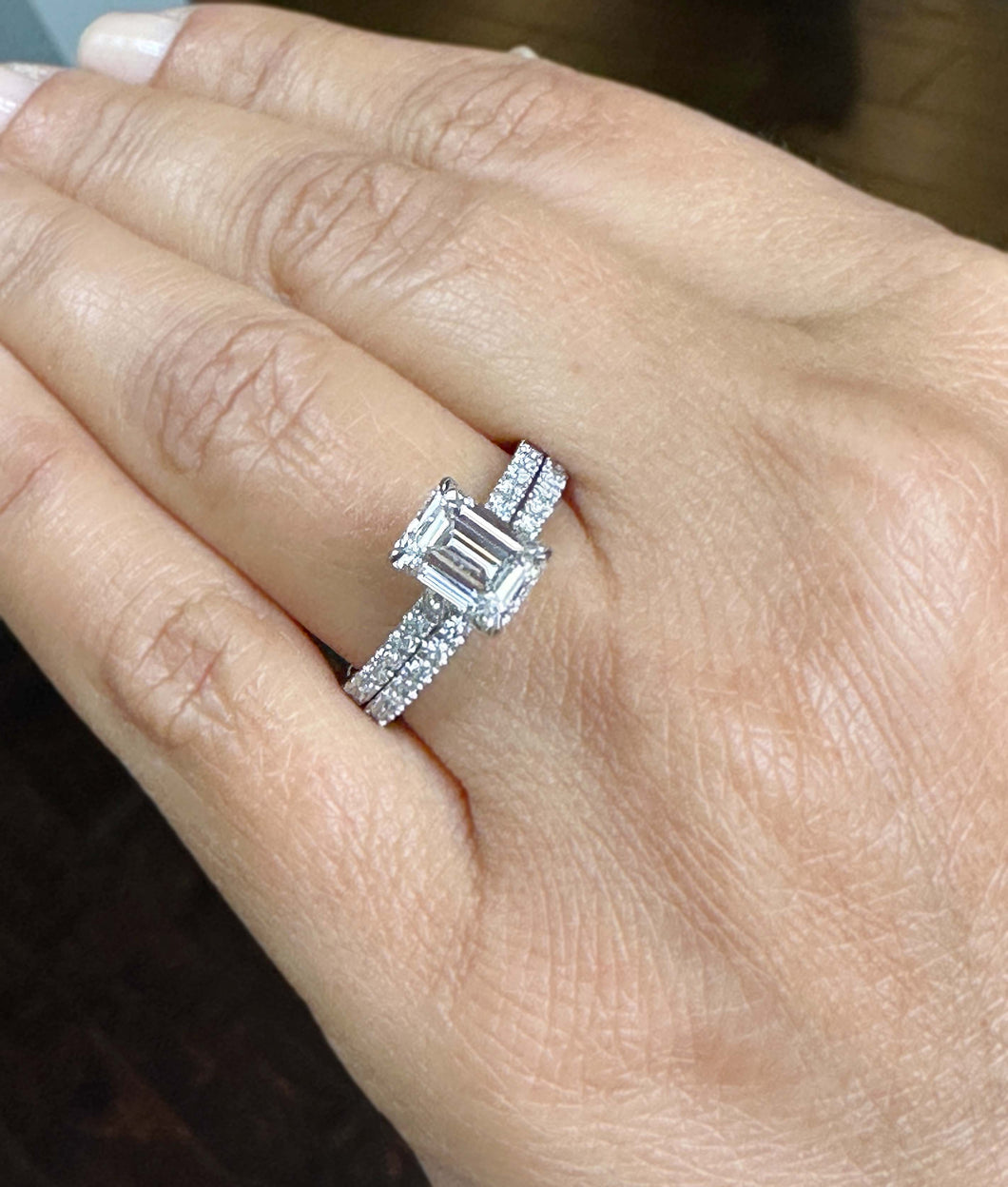 Emerald Cut Moissanite And Round Cut Sides Engagement Ring And Matching Band Set In 14k White Gold Wedding Set Bridal propose Set 2.55ctw