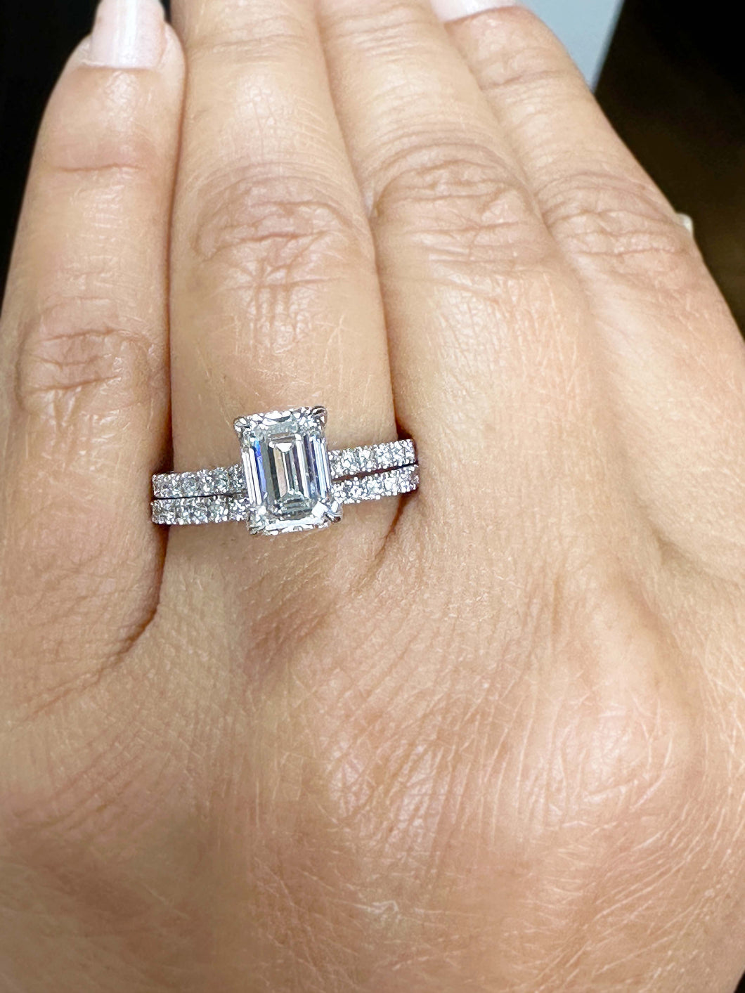 Emerald Cut Moissanite And Round Cut Natural Diamond Engagement Ring And Matching Band 14k Solid White Gold Wedding Bridal Set 2.55ctw