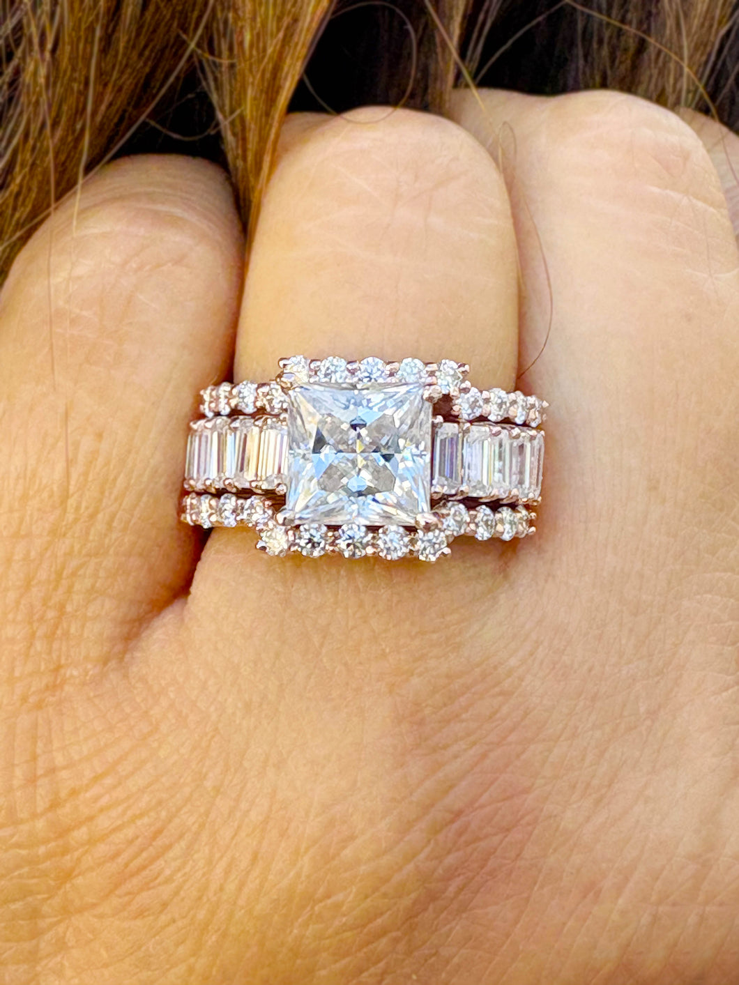 Princess Cut And Emerald Baguettes and Round Cut IGI Certified Engagement Ring And Two Bands 14k Solid Rose Gold Wedding Bridal Set 5.00ctw