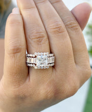 Load image into Gallery viewer, Princess Cut And Emerald Baguettes and Round Cut Sides Moissanite Engagement Ring And Two Bands In 14k Solid Rose Gold Wedding Set 5.00ctw
