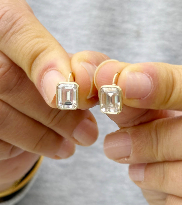 Emerald Cut Diamond Bezel Set Lever Back Earrings IGI Certified 14K Yellow Gold 4.00 CTW