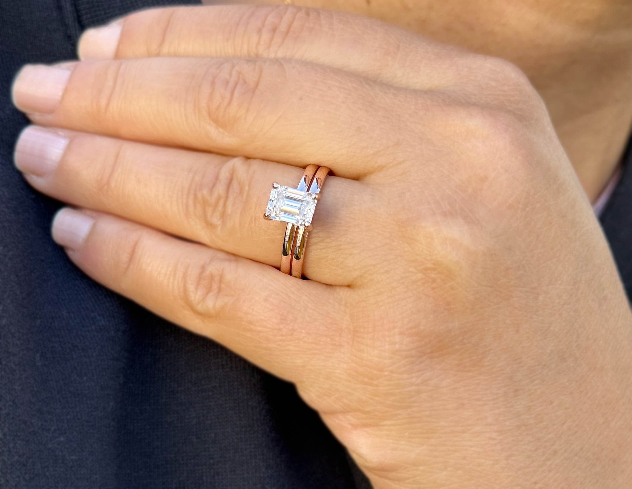 Emerald Cut Diamond Engagement Ring IGI Certified Set In 14K Solid Rose Gold Solitaire Ring And Band Inner Halo Wedding Ring G-VS2