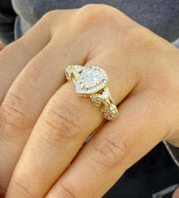 Load image into Gallery viewer, GIA Certified Natural Pear And Round Cut Sides Diamonds Engagement Ring 14k Yellow Gold Bridal Ring Halo Wedding Ring antique Style 1.70ctw
