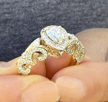 Load image into Gallery viewer, GIA Certified Natural Pear And Round Cut Sides Diamonds Engagement Ring 14k Yellow Gold Bridal Ring Halo Wedding Ring antique Style 1.70ctw
