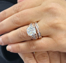 Load image into Gallery viewer, Cushion Cut Moissanite And Round Cut Sides Engagement Ring And Matching Band Set In 14k Solid Heavy And Solid Rose Gold Hidden Halo 7.50ctw
