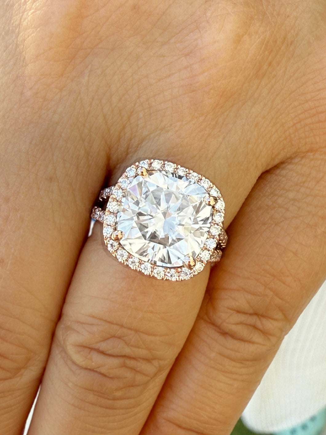 Cushion Cut Moissanite And Round Cut Sides Engagement Ring Halo Style Split Shank Wedding Ring Set In 14k Solid Rose Gold Bridal Ring 7.70ct