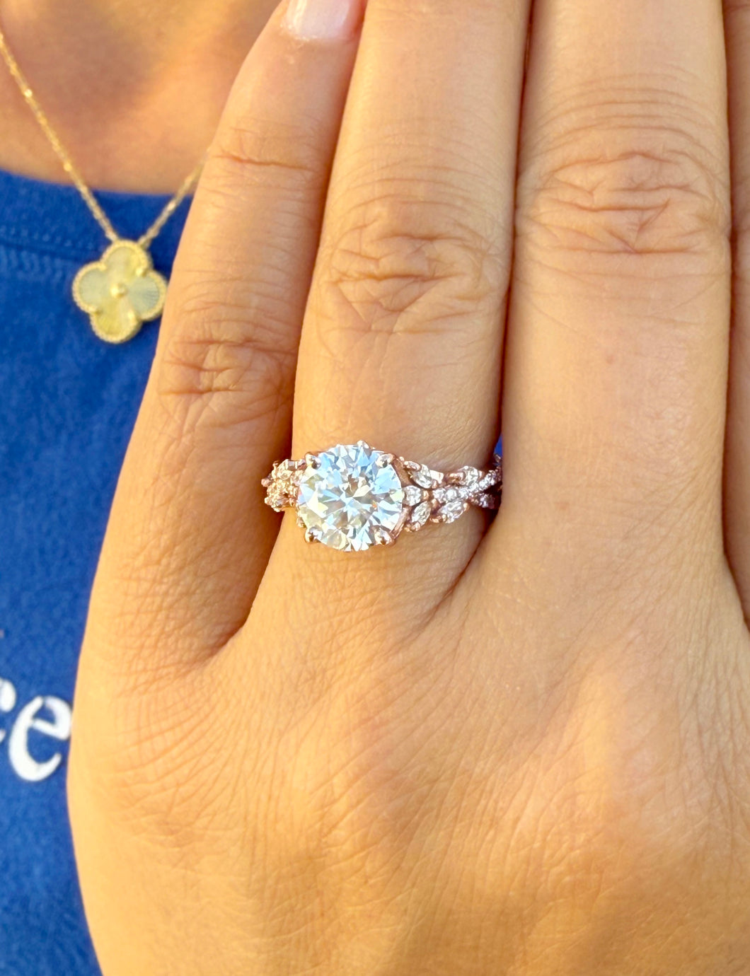 Certified Round Cut and marquise diamonds Engagement Ring Wedding Ring leaf design 14k Rose Gold 2.50ctw